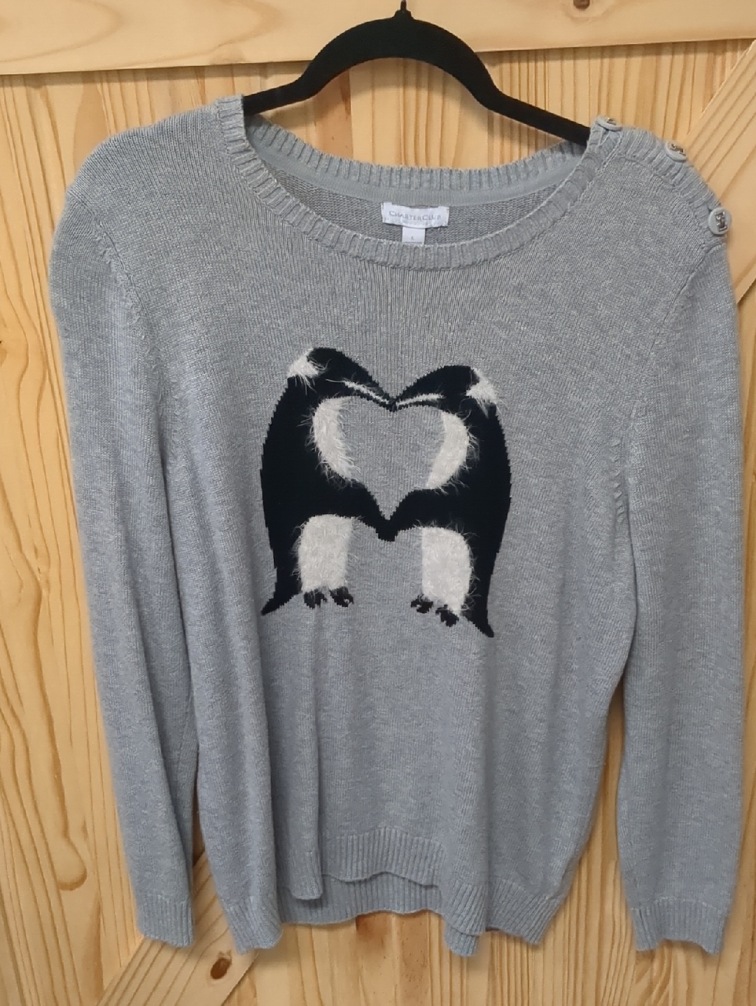 Charter Club Light Gray Sweater With Penguin Graphics